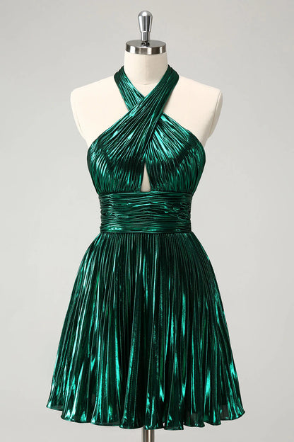 Amzcw Glitter Dark Green Halter A-Line Pleated Metallic Homecoming Dress