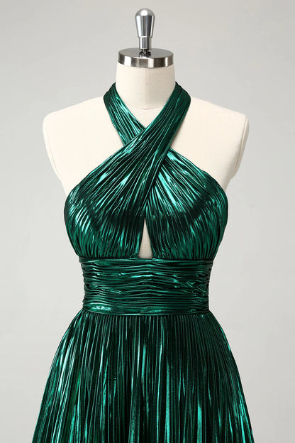 Amzcw Glitter Dark Green Halter A-Line Pleated Metallic Homecoming Dress