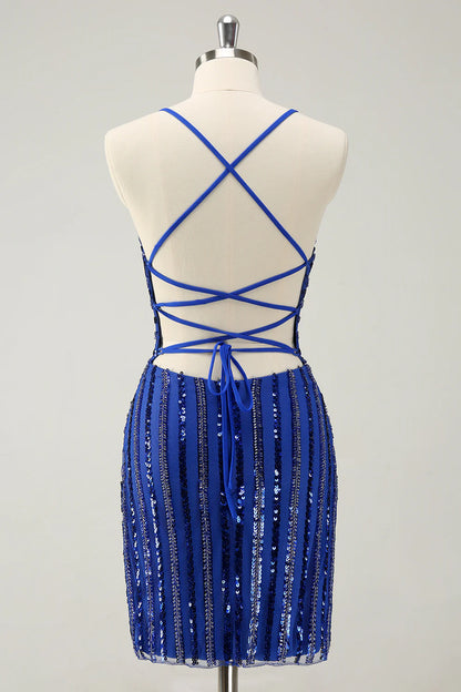 Amzcw Stylish Sparkly Royal Blue Tight Lace Up Back Sequin Homecoming Dress with Beading