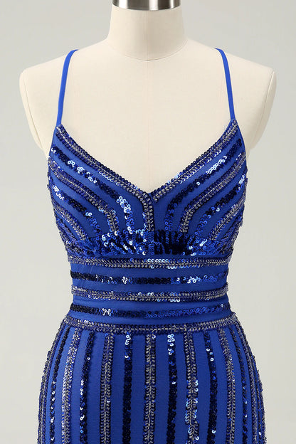 Amzcw Stylish Sparkly Royal Blue Tight Lace Up Back Sequin Homecoming Dress with Beading