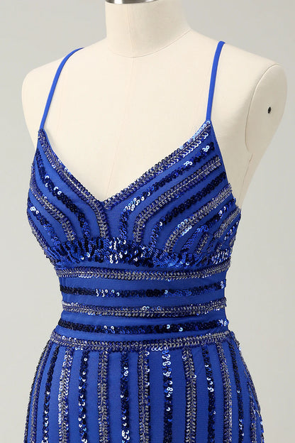 Amzcw Stylish Sparkly Royal Blue Tight Lace Up Back Sequin Homecoming Dress with Beading