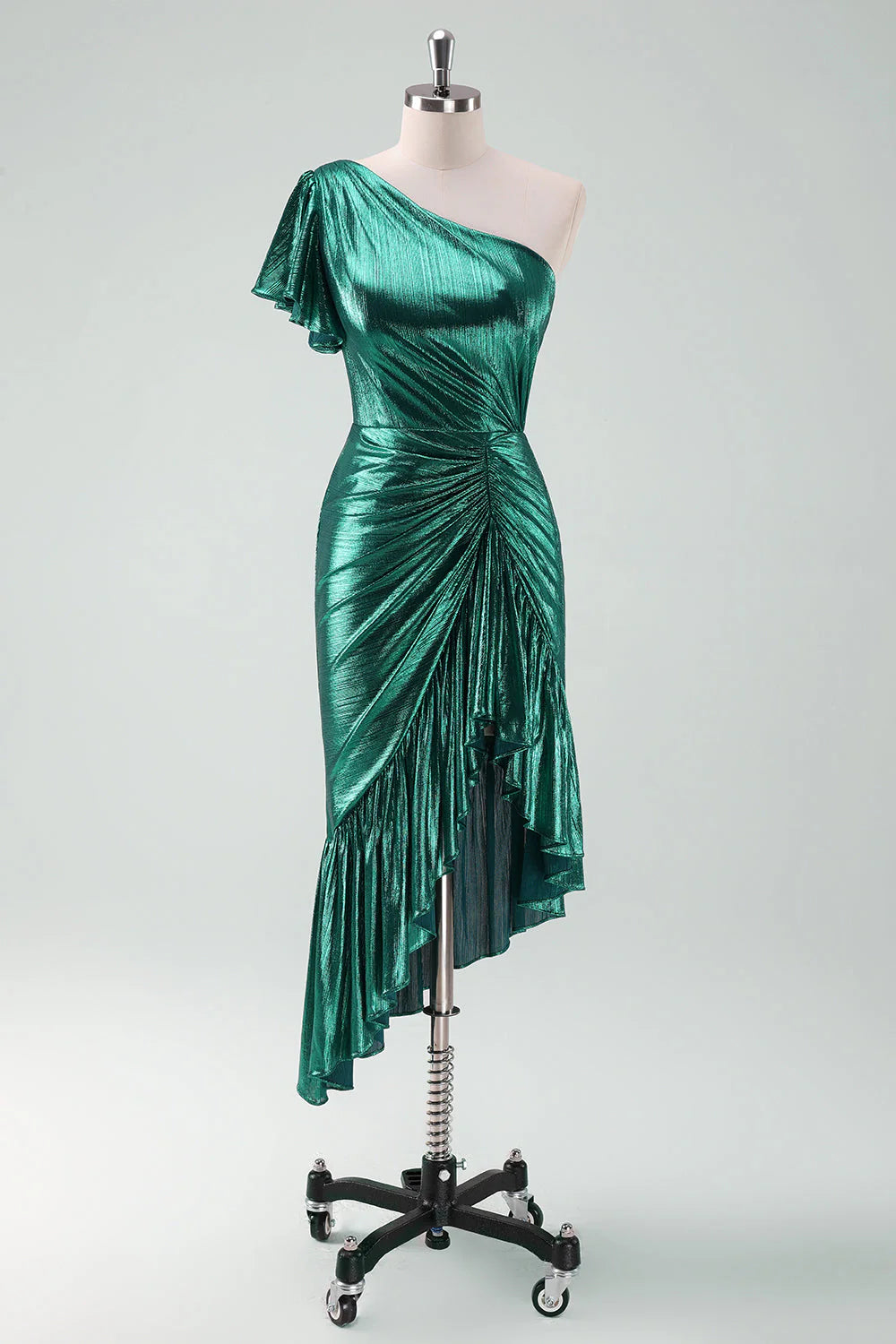 Amzcw Dark Green Metallic One Shoulder Mermaid Cocktail Dress with Ruffles