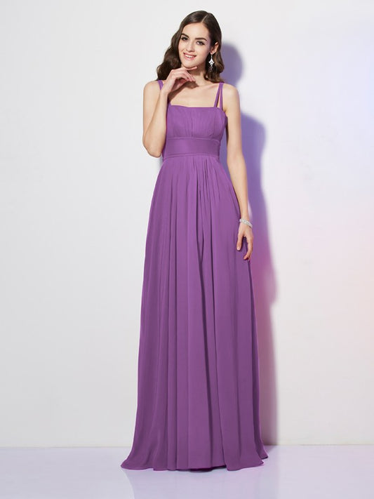 Sheath/Column Spaghetti Straps Sleeveless Pleats Long Chiffon Bridesmaid Dresses