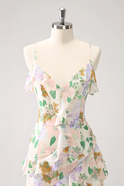 Amzcw White Mixed Flower Asymmetrical Wedding Guest Dress with Ruffle