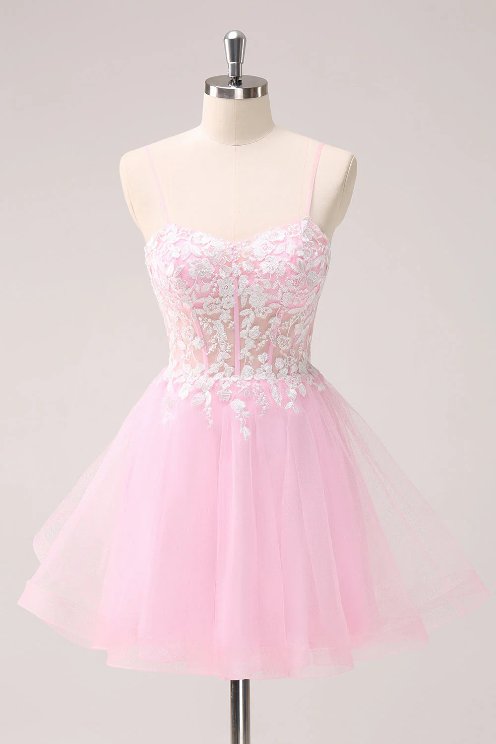 Amzcw Pink A Line Spaghetti Straps Tulle Corset Homecoming Dress with Appliques