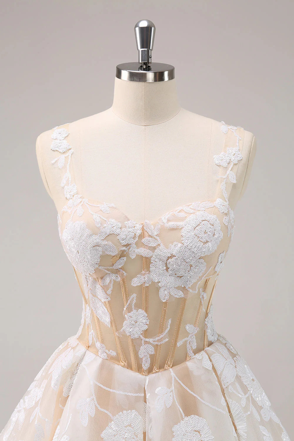 Amzcw Sparkly White A-Line Floral Corset Short Homecoming Dress with Sequins