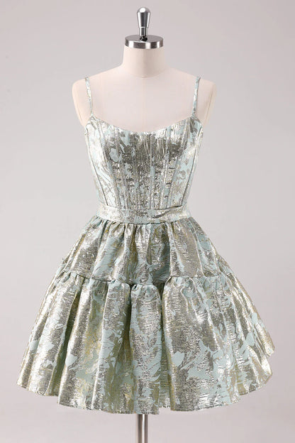 Amzcw Light Green A Line Short Corset Metallic Homecoming Dress with Lace Up Back