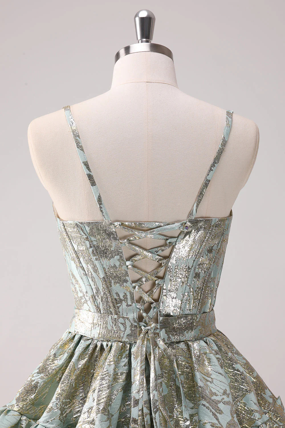 Amzcw Light Green A Line Short Corset Metallic Homecoming Dress with Lace Up Back