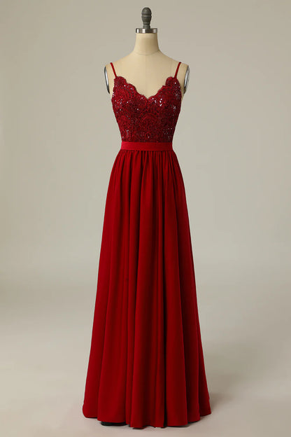 Burgundy Long Prom Dress with Beading Lace