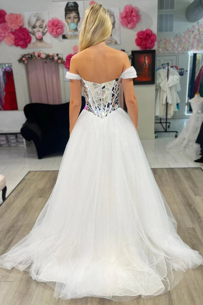 A Line Cut Glass Mirror Off-the-Shoulder Tulle Long Prom Dresses