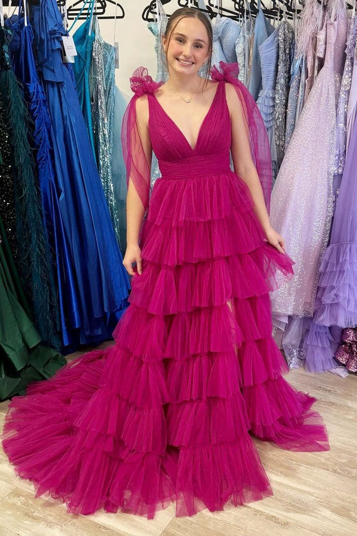 V-Neck Slit Floor Length Slit With Ruffled Prom Dress