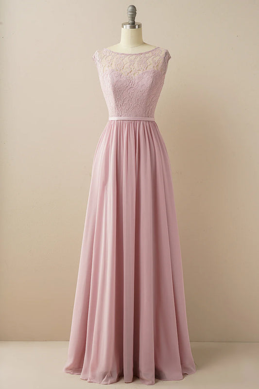 Blush Long Chiffon & Lace Formal Dress