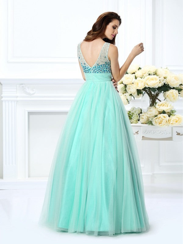 Ball Gown Bateau Beading Sleeveless Long Chiffon Quinceanera Dresses