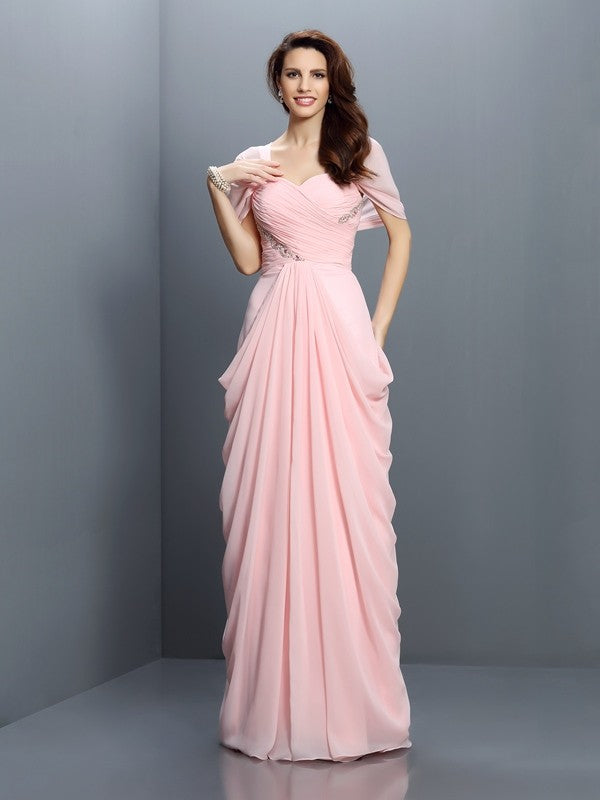A-Line/Princess Sweetheart Pleats Short Sleeves Long Chiffon Bridesmaid Dresses