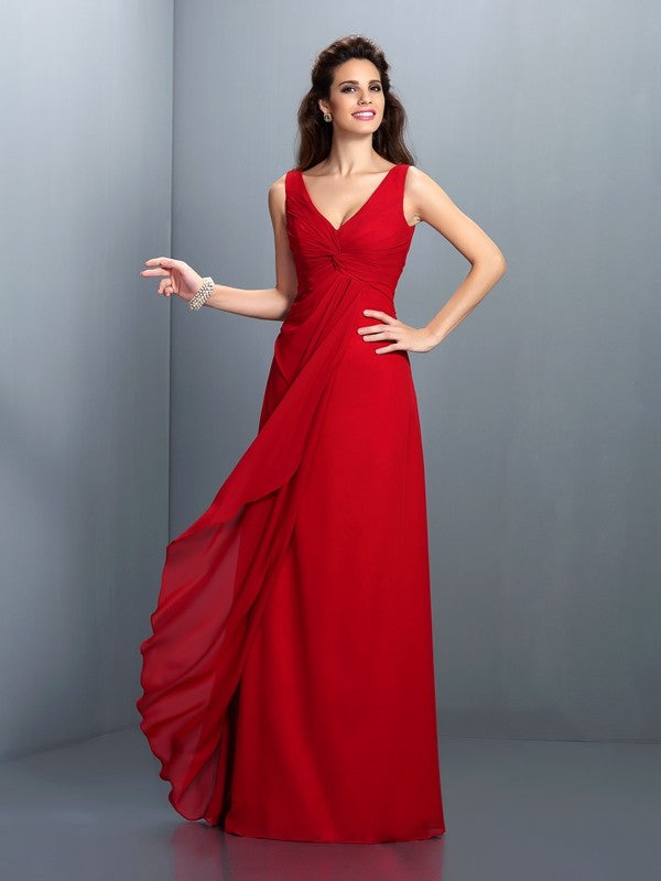 A-Line/Princess Straps Pleats Sleeveless Long Chiffon Bridesmaid Dresses