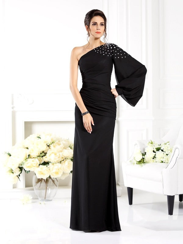 Sheath/Column One-Shoulder Beading Long Sleeves Long Chiffon Mother of the Bride Dresses