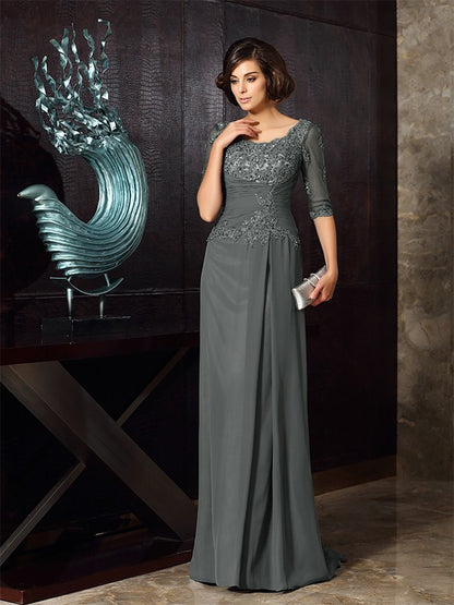 A-Line/Princess Scoop Beading 1/2 Sleeves Long Chiffon Mother of the Bride Dresses