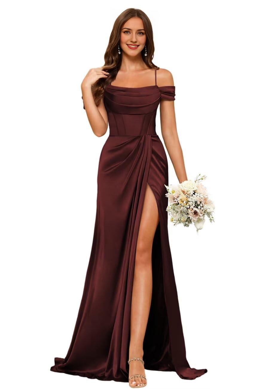 Amzcw Long Satin Bridesmaid Dresses with Silt for Wedding Formal Gowns Mermaid Prom Dress gowns evening dresses