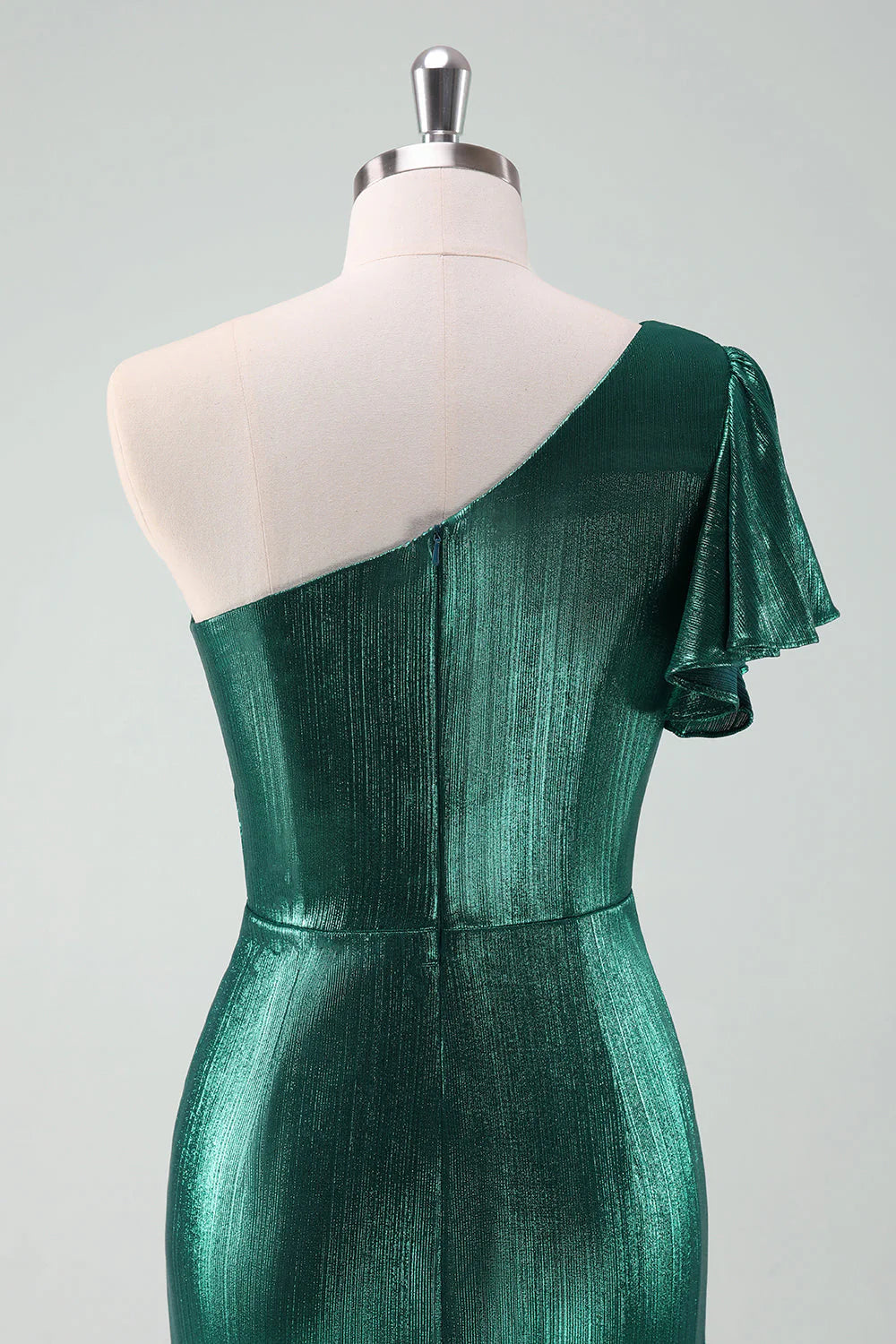 Amzcw Dark Green Metallic One Shoulder Mermaid Cocktail Dress with Ruffles