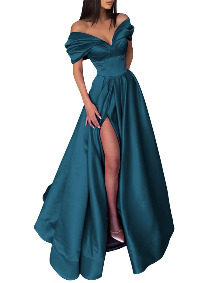 A-Line/Princess Off-The-Shoulder Long Prom Dresses With Split Side