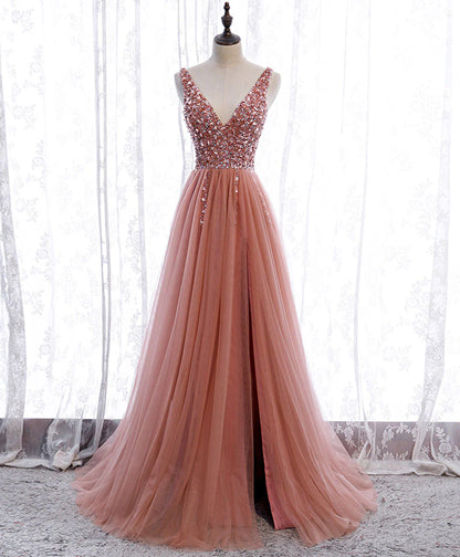 Prom Dresses A Line Dusty Rose Long Sequins Shiny Bodice V Neck Formal Dress