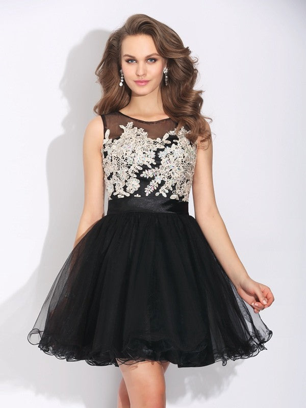 A-Line/Princess Scoop Ruffles Sleeveless Short Net Dresses