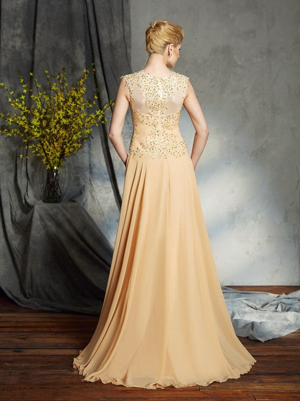 A-Line/Princess Scoop Applique Sleeveless Long Chiffon Mother of the Bride Dresses