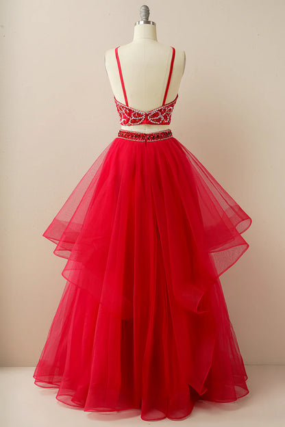 Two Pieces Halter Beaded Prom Dress