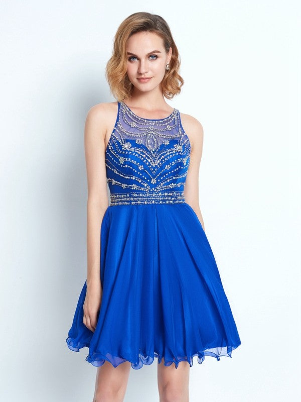 A-Line/Princess Sleeveless Scoop Beading Chiffon Short/Mini Dresses