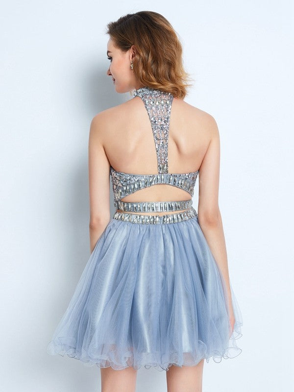 A-Line/Princess High Neck Sleeveless Beading Short/Mini Net Two Piece Dresses