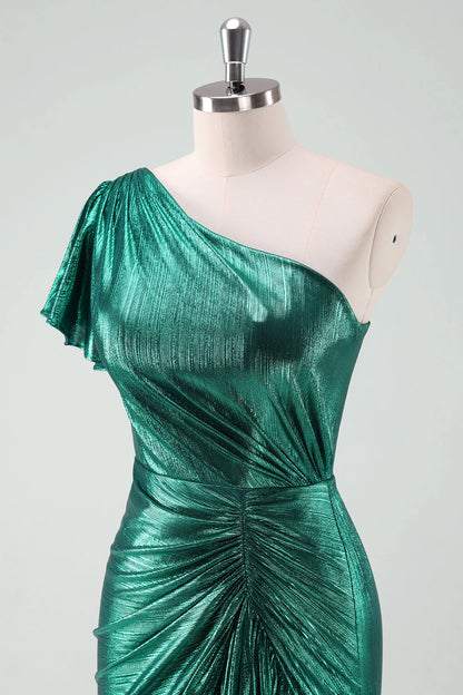 Amzcw Dark Green Metallic One Shoulder Mermaid Cocktail Dress with Ruffles