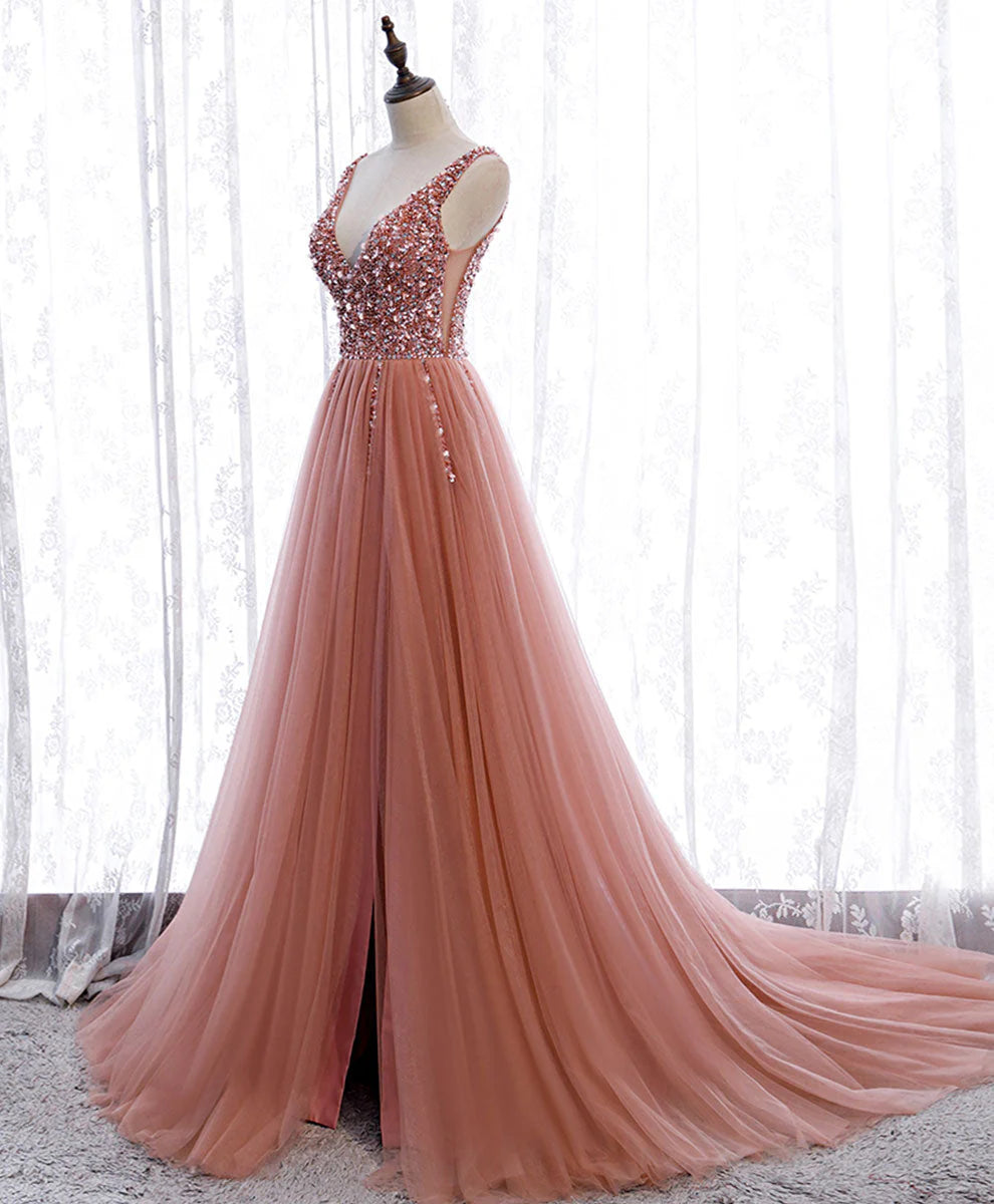 Prom Dresses A Line Dusty Rose Long Sequins Shiny Bodice V Neck Formal Dress