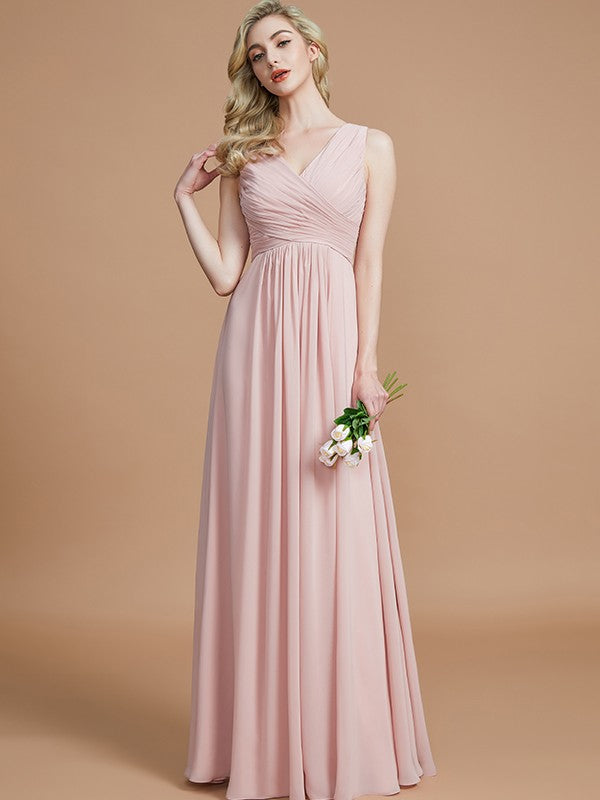 A-Line/Princess V-neck Sleeveless Ruched Floor-Length Chiffon Bridesmaid Dresses