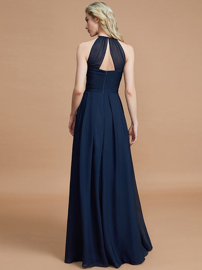 A-Line/Princess Halter Sleeveless Ruched Floor-Length Chiffon Bridesmaid Dresses