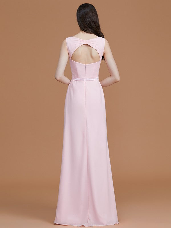 A-Line/Princess V-neck Sleeveless Floor-Length Ruched Chiffon Bridesmaid Dresses