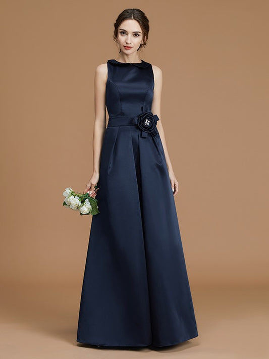 A-Line/Princess Bateau Sleeveless Floor-Length Hand-Made Flower Satin Bridesmaid Dresses