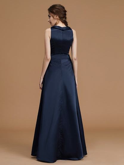 A-Line/Princess Bateau Sleeveless Floor-Length Hand-Made Flower Satin Bridesmaid Dresses