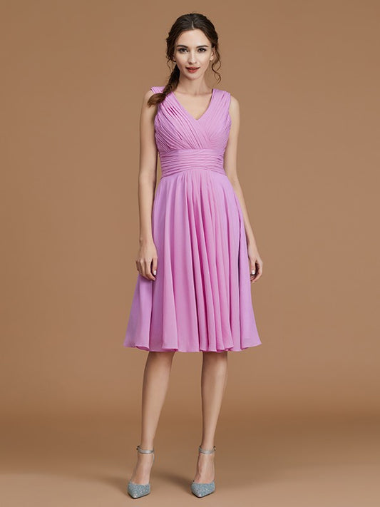 A-Line/Princess V-neck Sleeveless Short/Mini Ruched Chiffon Bridesmaid Dresses