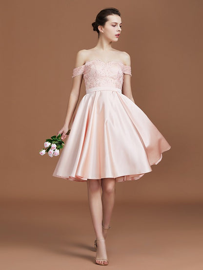 A-Line/Princess Applique Sweetheart Knee-Length Off-the-Shoulder Satin Bridesmaid Dresses