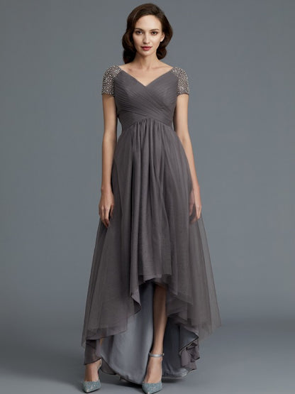 A-Line/Princess V-neck Short Sleeves Asymmetrical Tulle Mother of the Bride Dresses