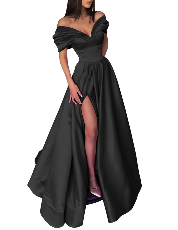 A-Line/Princess Off-The-Shoulder Long Prom Dresses With Split Side