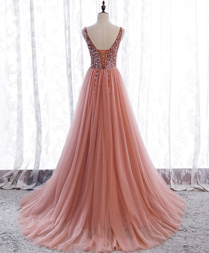 Prom Dresses A Line Dusty Rose Long Sequins Shiny Bodice V Neck Formal Dress