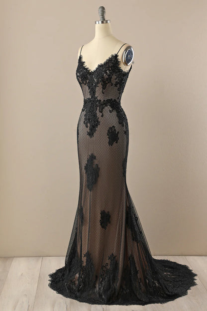 Black V neck Beaded Prom Dress