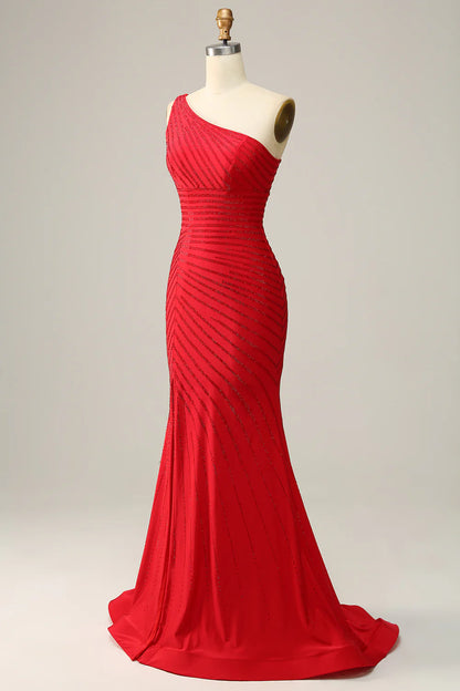 Mermaid One Shoulder Red Long Prom Dress with Beading