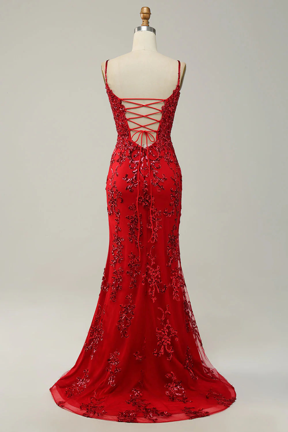 Amzcw Red Mermaid Spaghetti Straps Sequins Long Prom Dress with Split Front