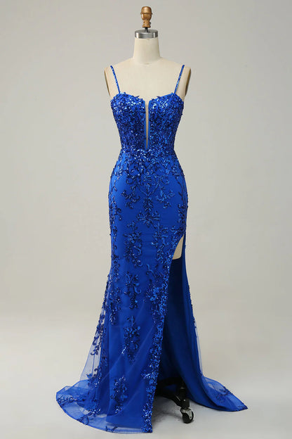 Amzcw Royal Blue Mermaid Spaghetti Straps Sequins Long Prom Dress with Split Front prom clothing