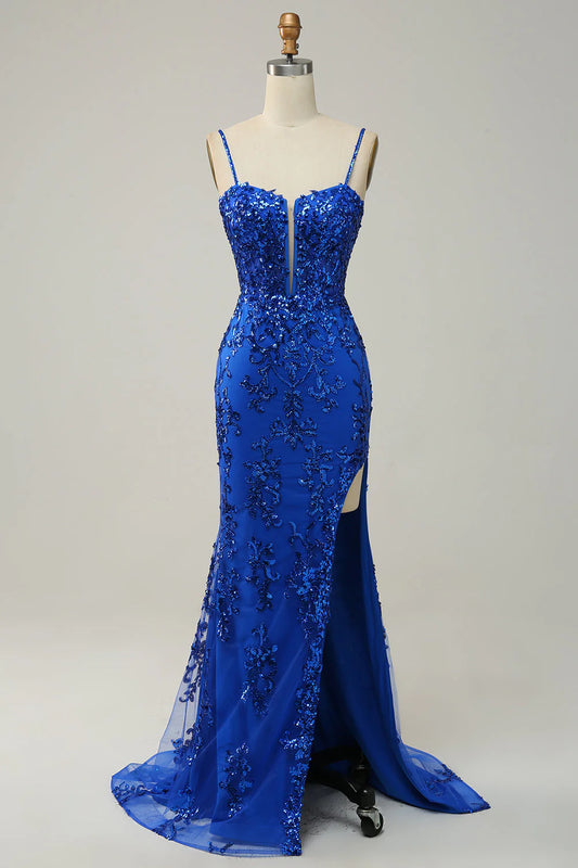 Amzcw Royal Blue Mermaid Spaghetti Straps Sequins Long Prom Dress with Split Front prom clothing