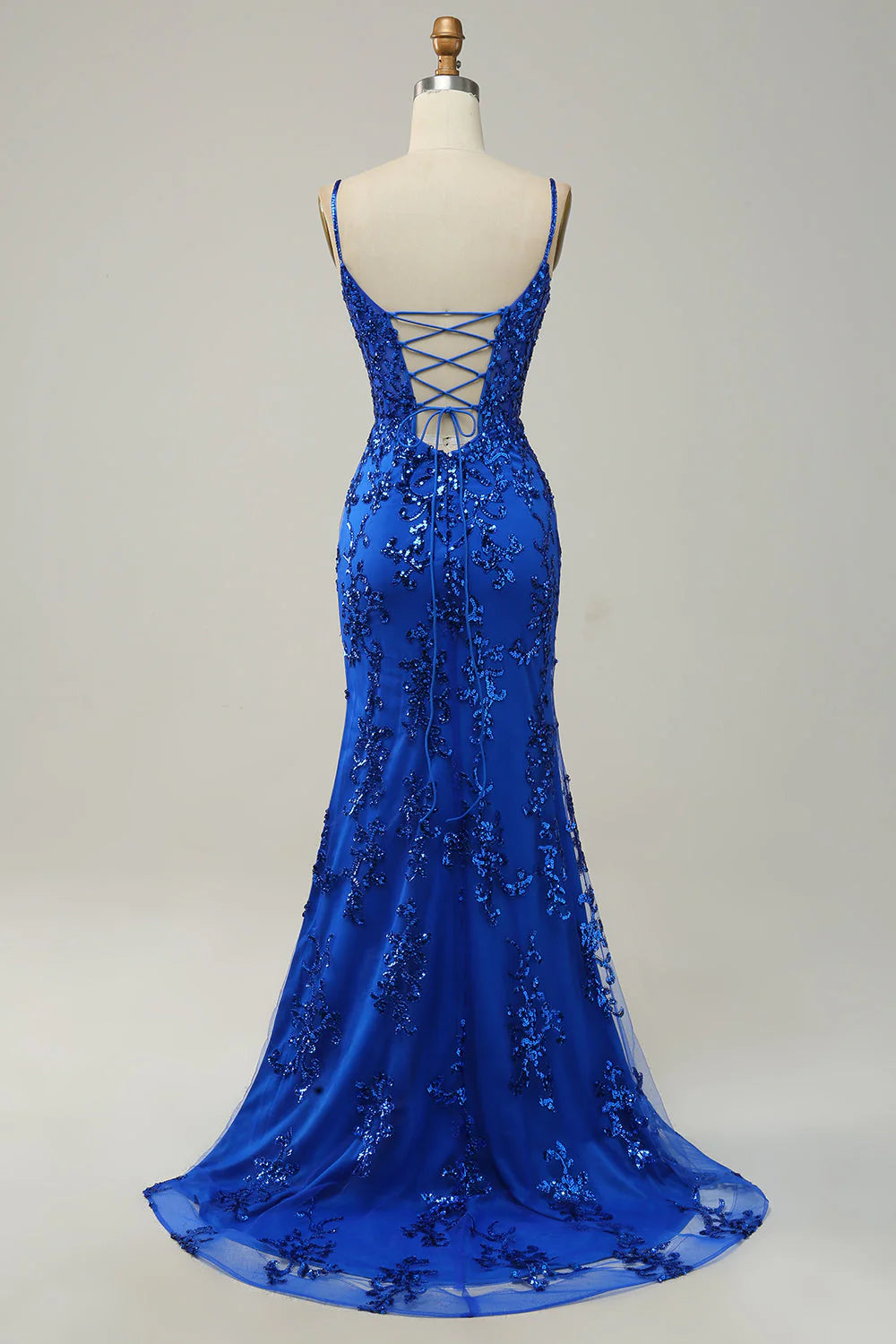 Amzcw Royal Blue Mermaid Spaghetti Straps Sequins Long Prom Dress with Split Front prom clothing