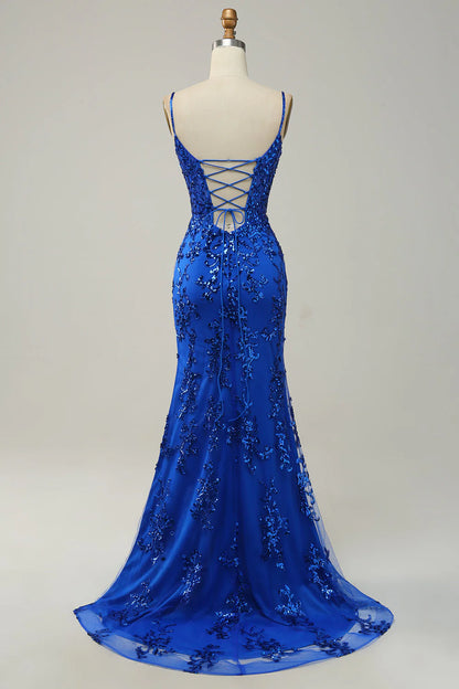 Amzcw Royal Blue Mermaid Spaghetti Straps Sequins Long Prom Dress with Split Front prom clothing