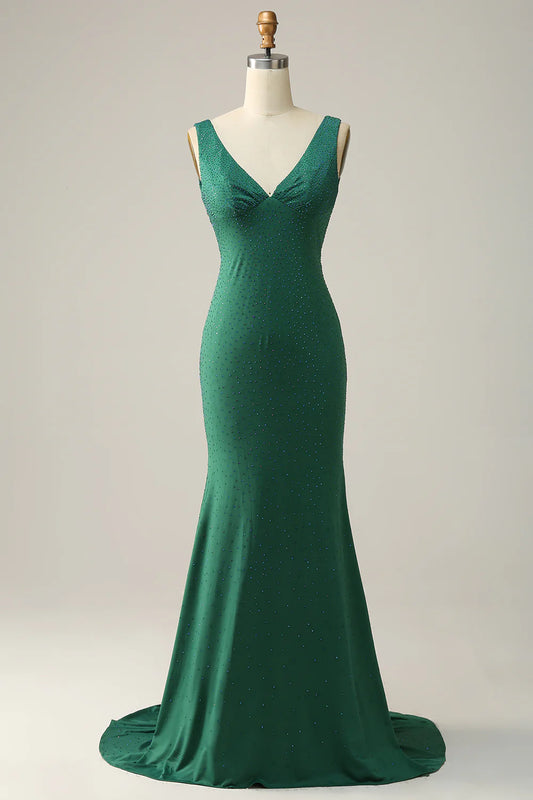 Amzcw Mermaid V Neck Green Long Prom Dress with Beading